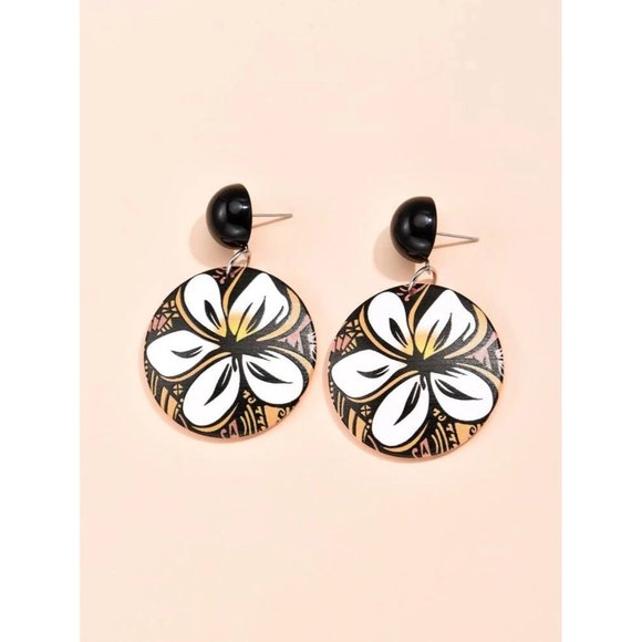 Flower Dangle Earrings Black White - Picture 2 of 4